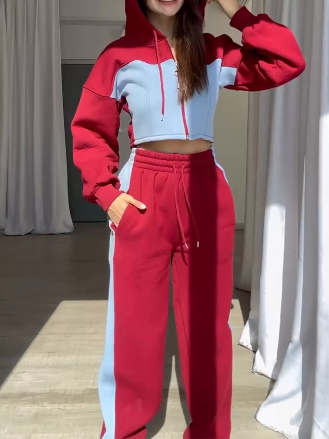 Color-Block Zip-Up Crop Hoodie and Joggers Set