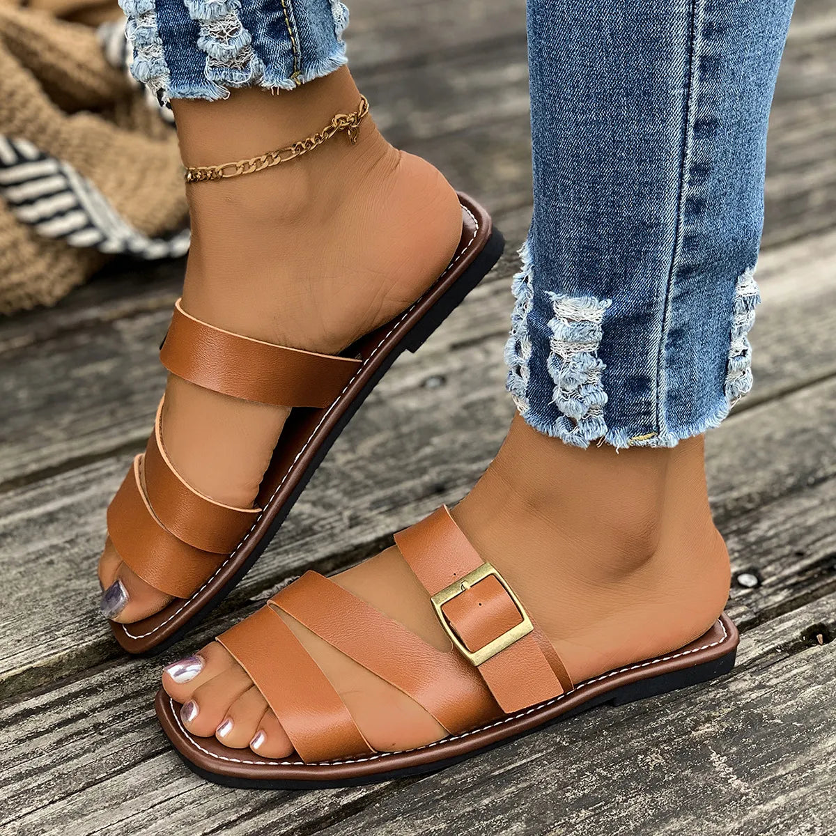 Open Toe Buckle Flat Sandals
