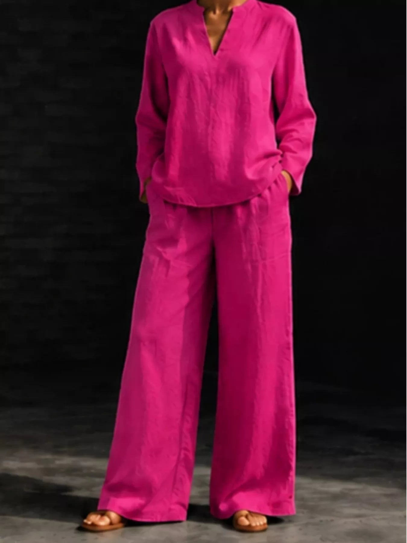 Notched Long Sleeve Top and Pants Set