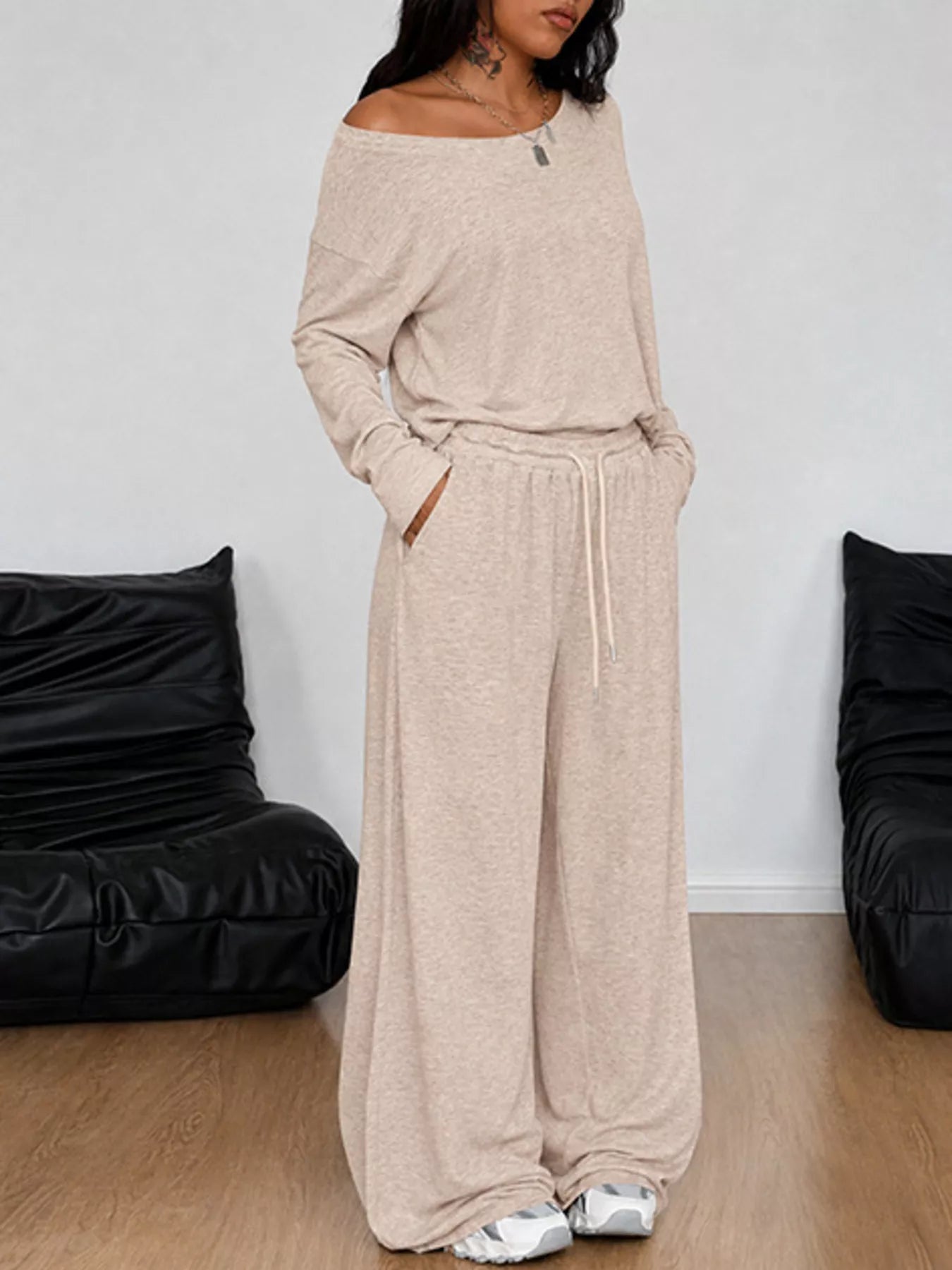 Full Size Comfortable Loose Fit One-Shoulder T-Shirt and Pants Set Plus Size