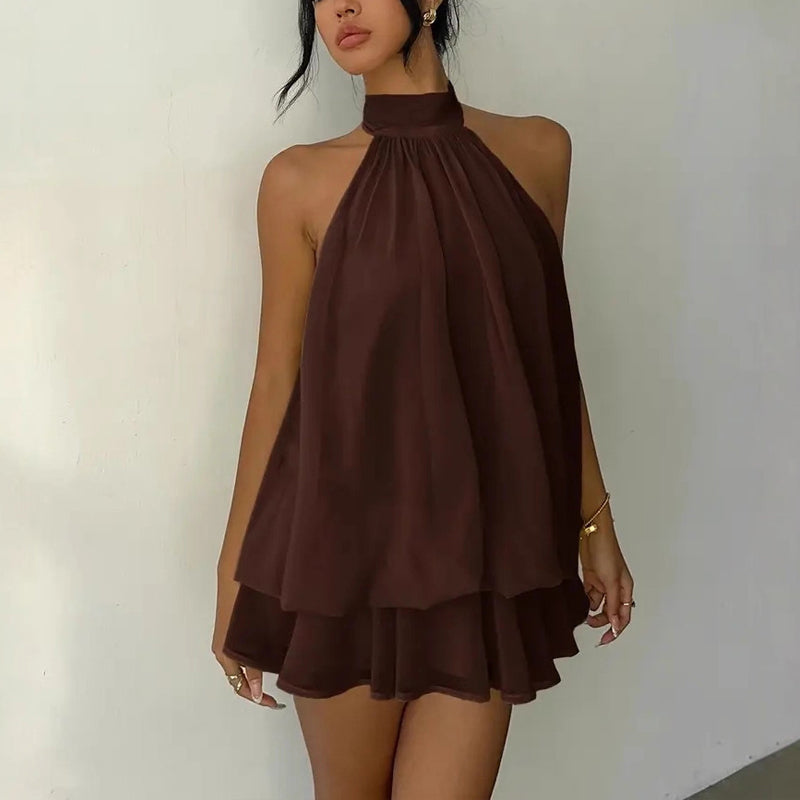 Women's Elegant Halter Mini Dress With Bow Tie Detail Ruffled Design Backless A-Line Summer Dress For Daily & Formal Wear (See size chart where applicable)