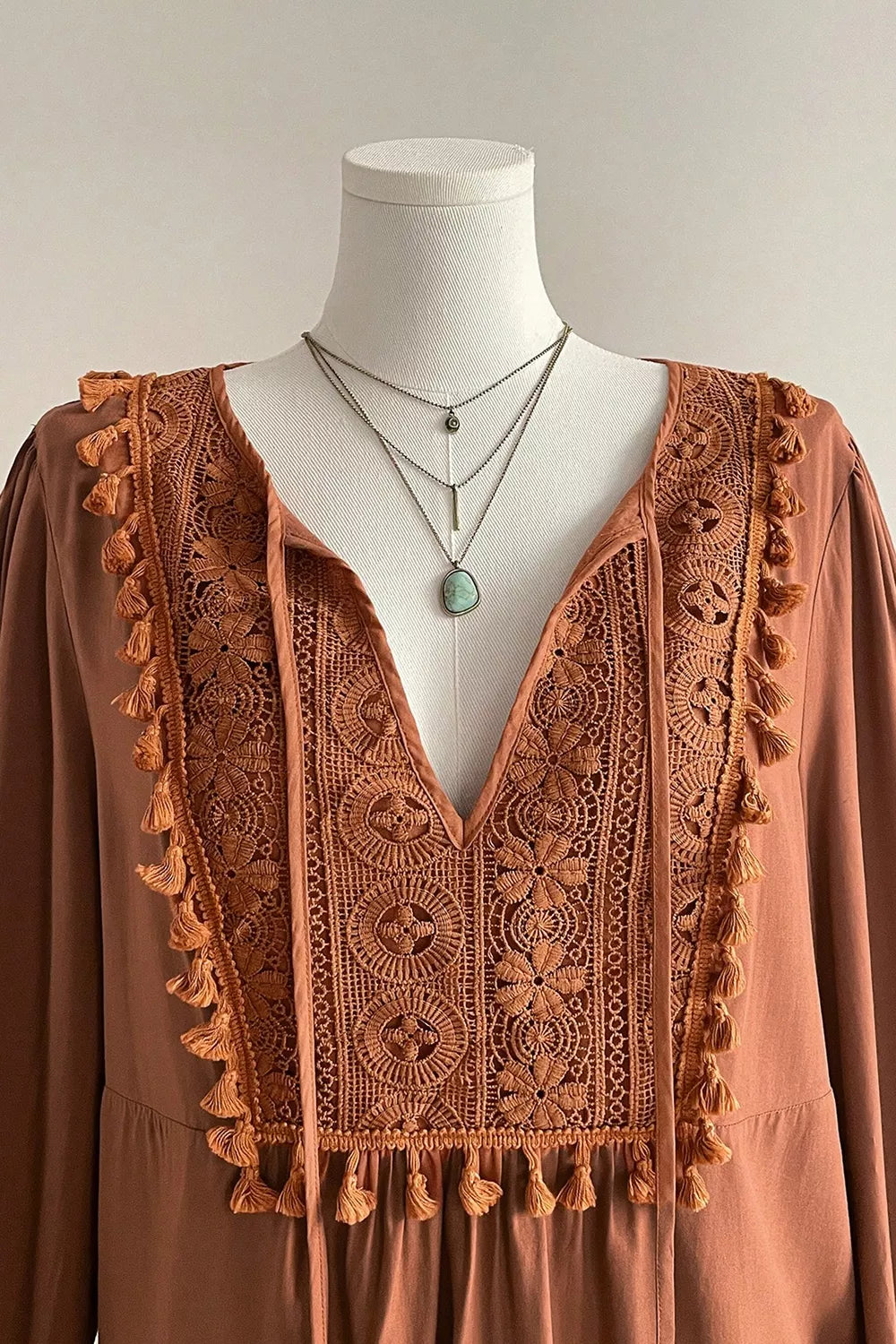 Plus Size V Neck Embroidered Tassel Long Sleeve Blouse