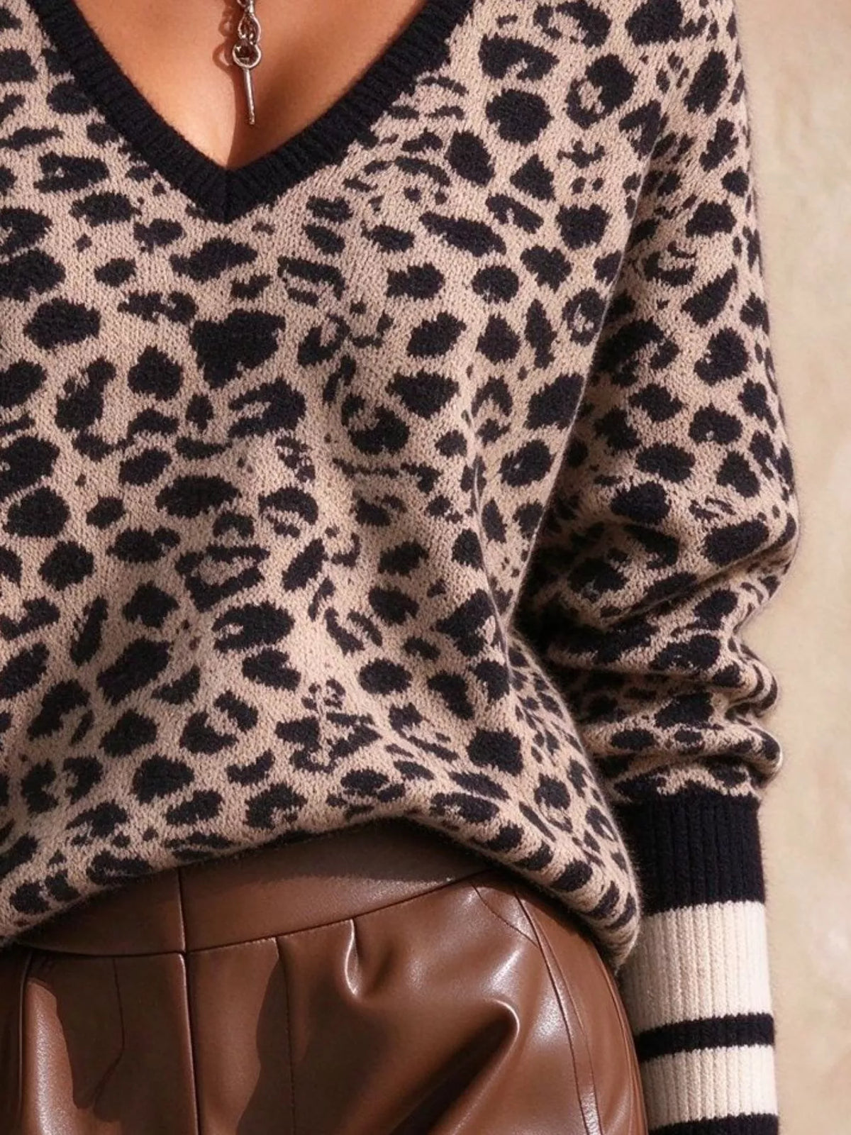 Full Size Leopard V-Neck Sweater with Striped Cuffs Plus Size