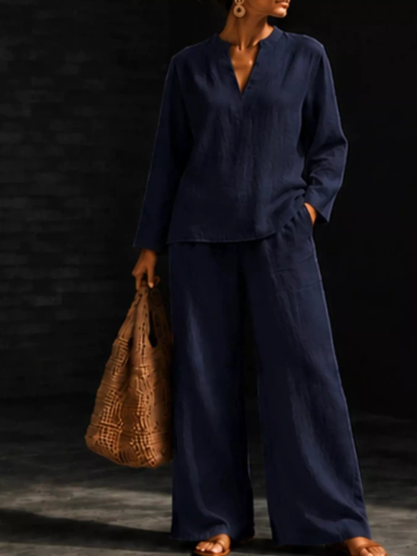 Notched Long Sleeve Top and Pants Set