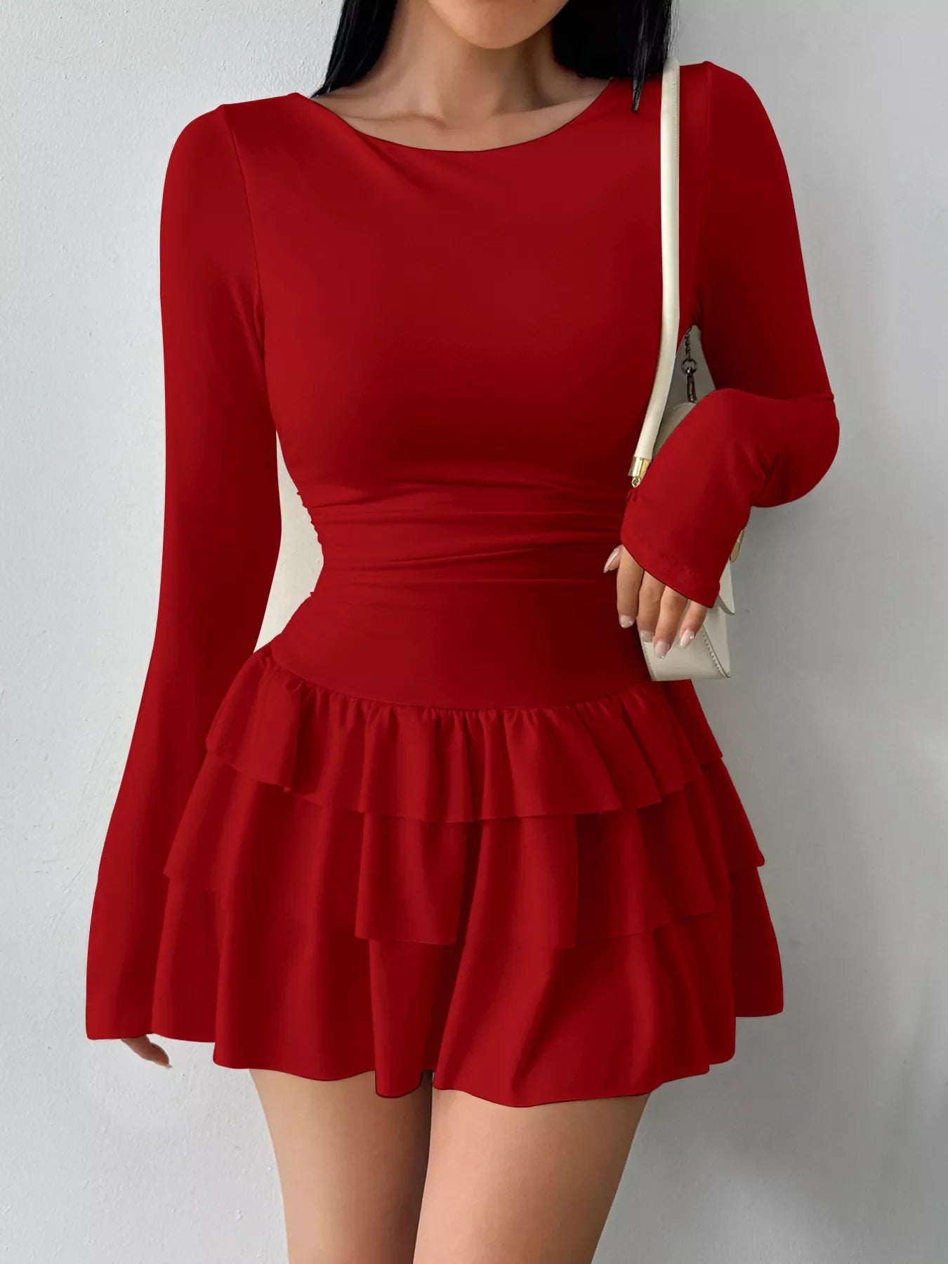 Ruched Long Sleeve Layered Ruffle Mini Dress
