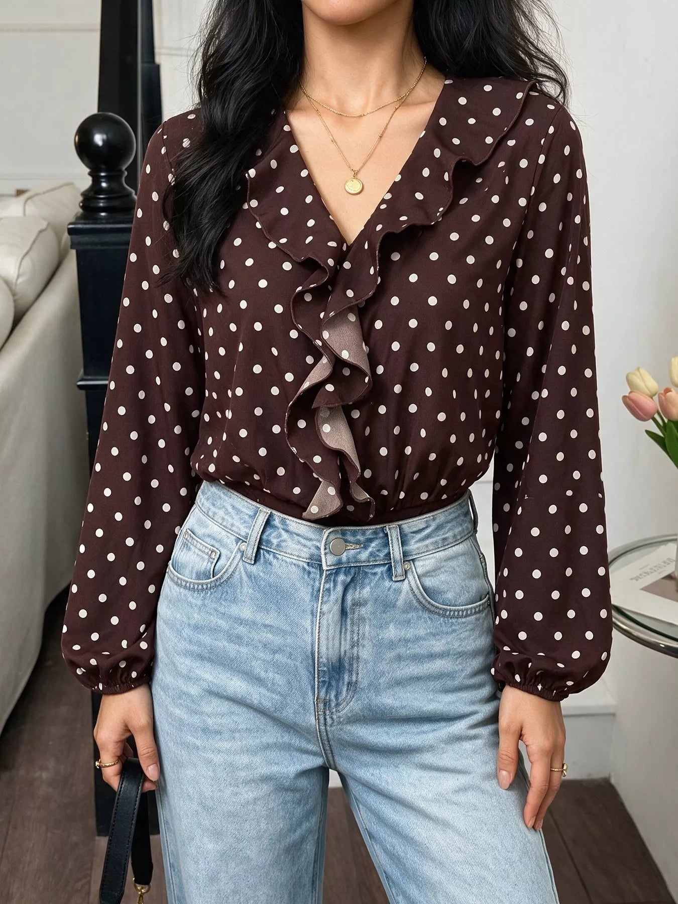 Polka Dot Ruffled V-Neck Bodysuit