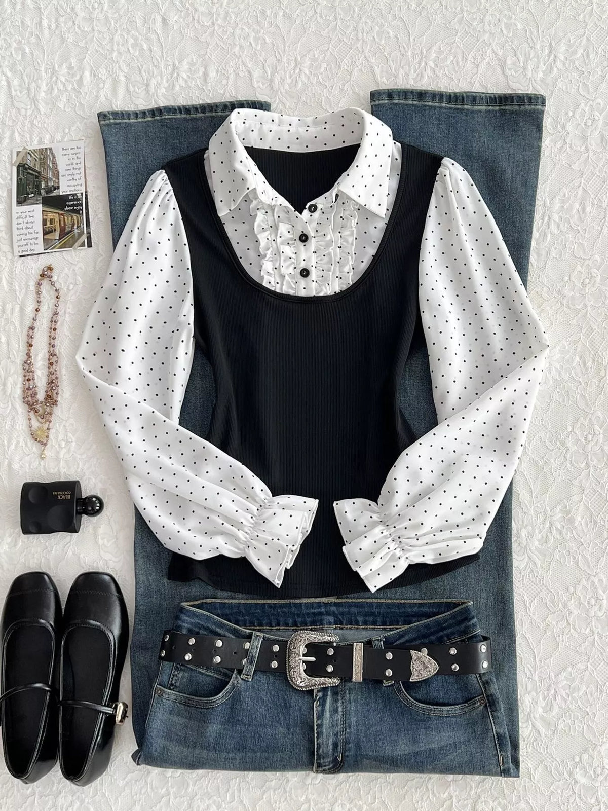 Polka Dot Flounce Sleeve Layered Look Blouse