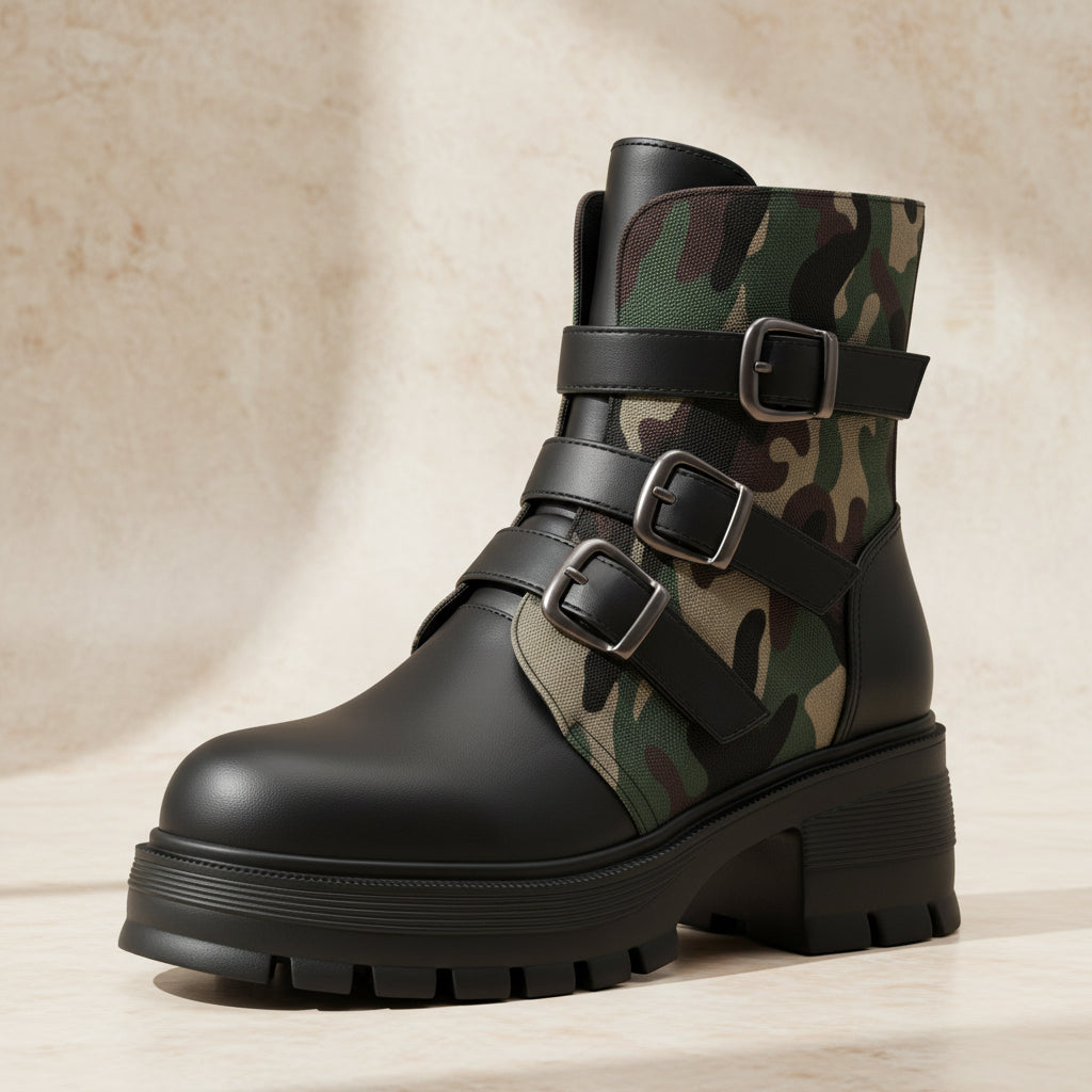 Women's Camouflage Platform Combat Boots | Triple Buckle Chunky Heel