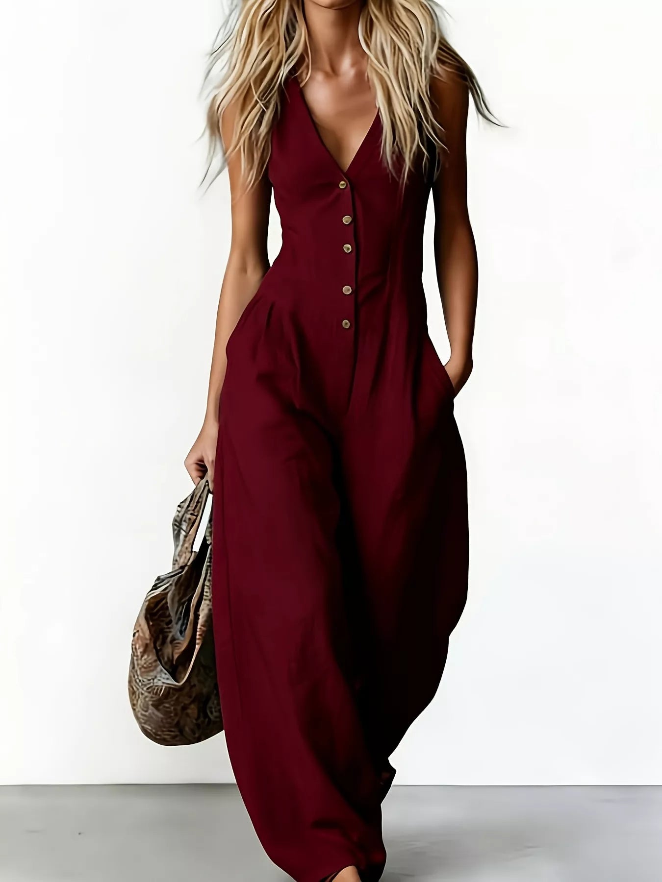 V-Neck Button-Down Wide-Leg Jumpsuit