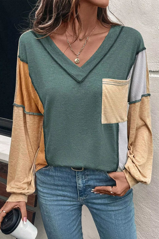 Color Block V-Neck Long Sleeve T-Shirt