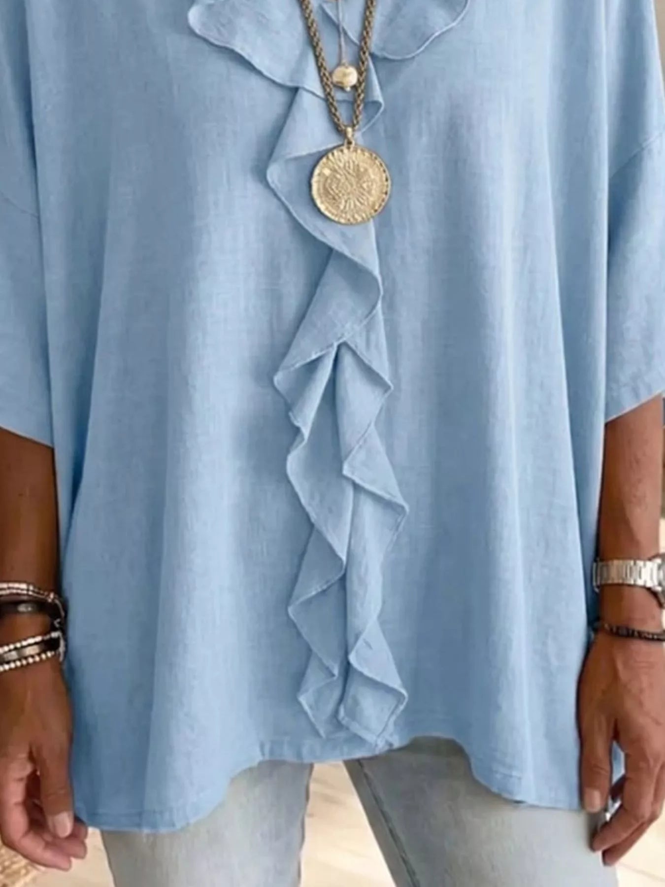 Full Size Ruffled V-Neck 3/4 Sleeve Blouse Plus Size
