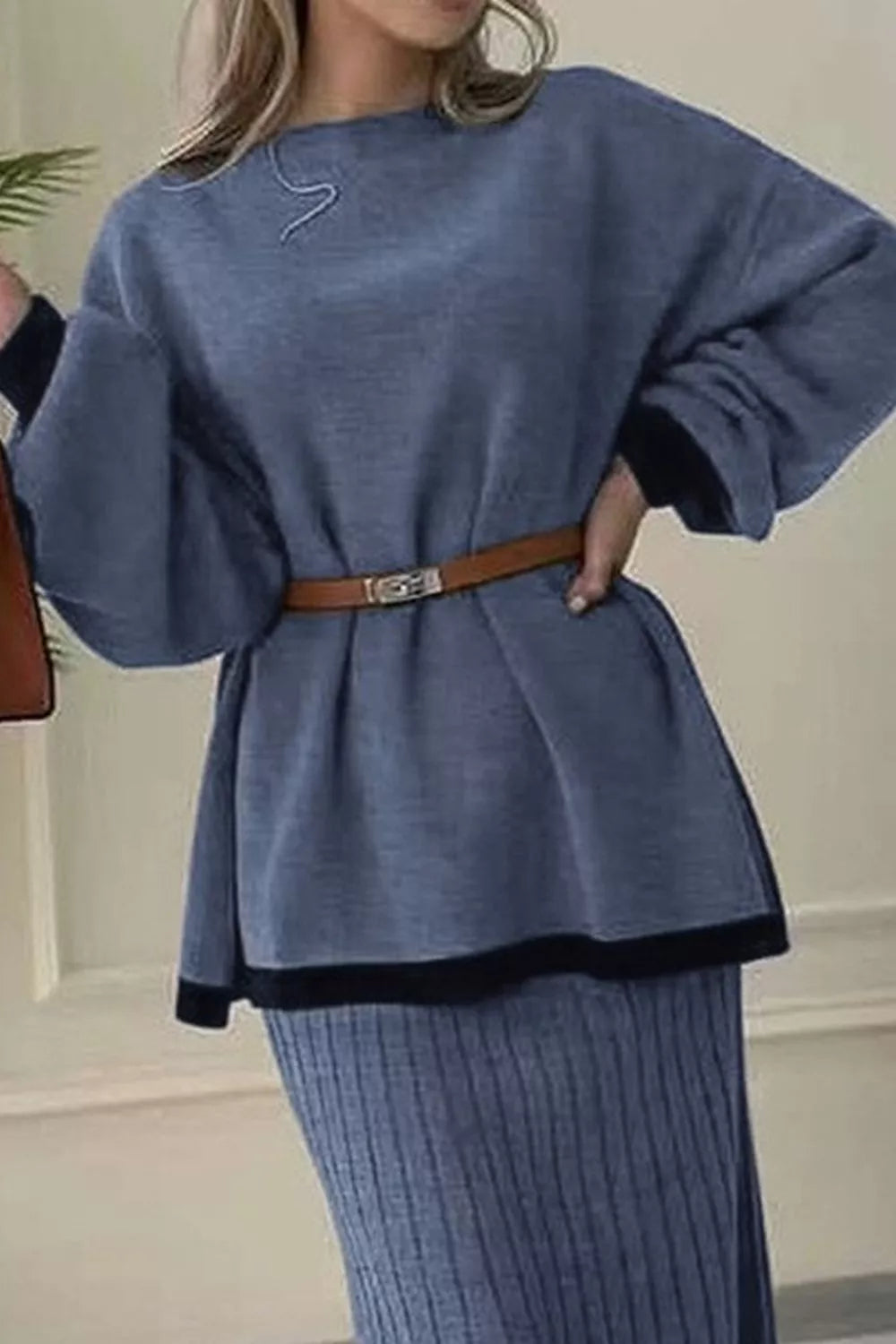 Contrast Trim Ribbed Knit Sweater and Skirt Set