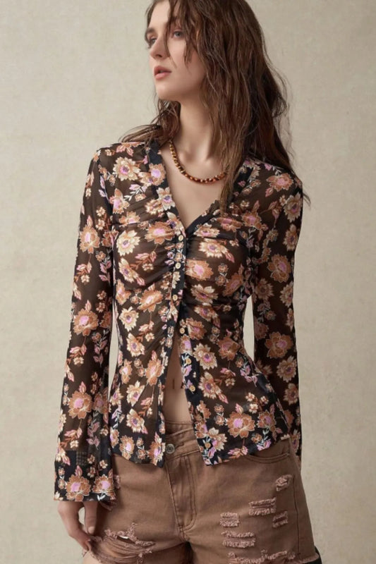 Floral  Button-Front Shirt with Bell Sleeves