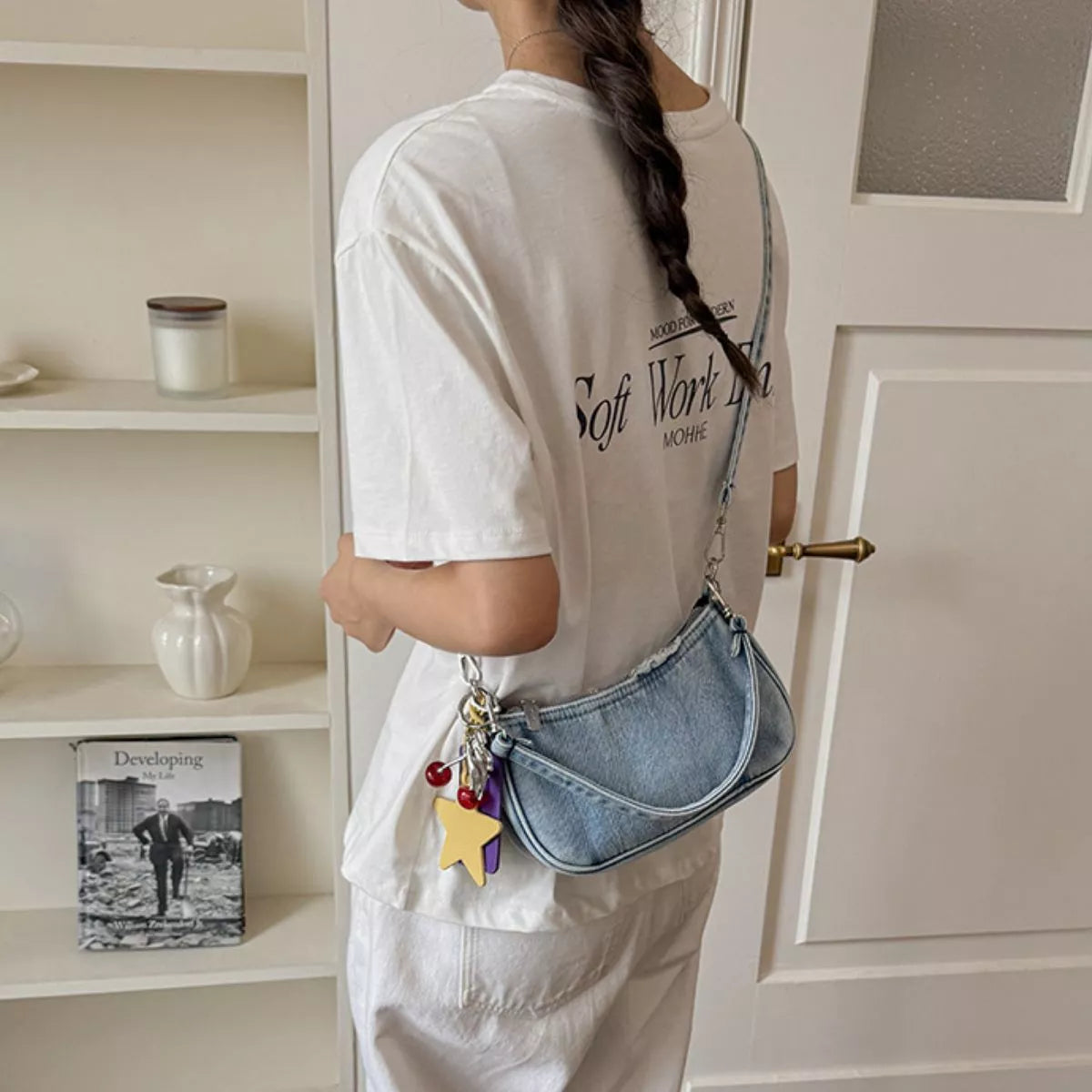 Star Charm Denim Shoulder Bag