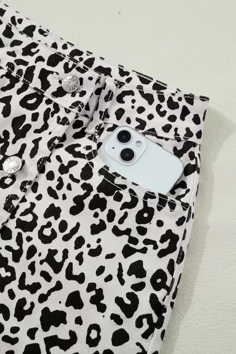 Leopard Print Button Overlap Denim Shorts
