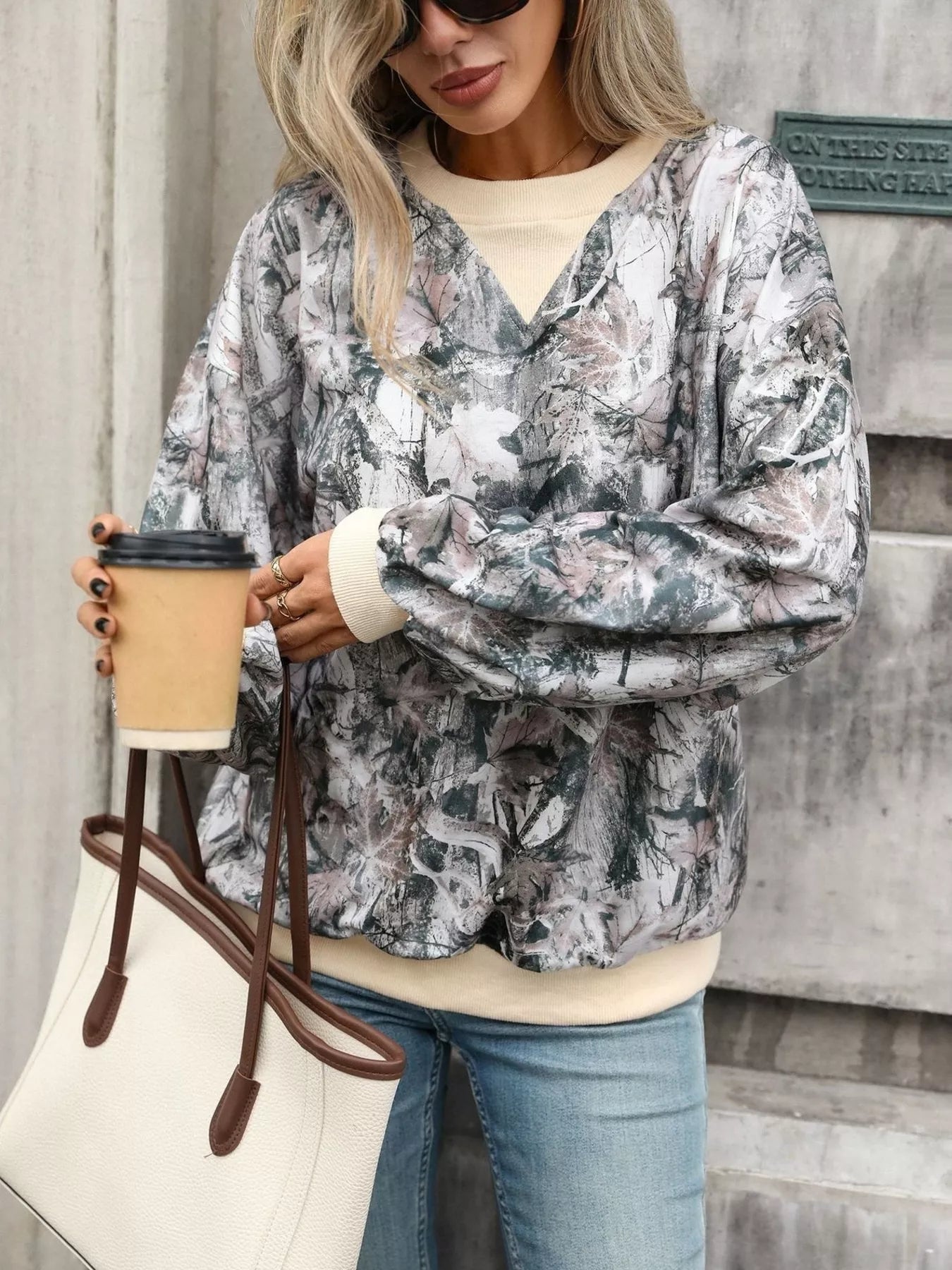 Leaf Print Sweatshirt with Contrasting Trim