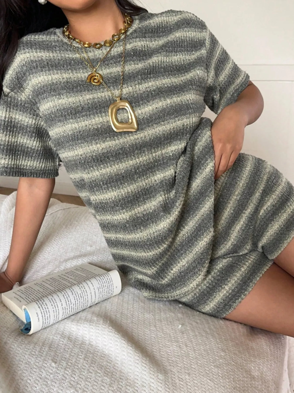 Striped Textured Knit Top and Shorts Set