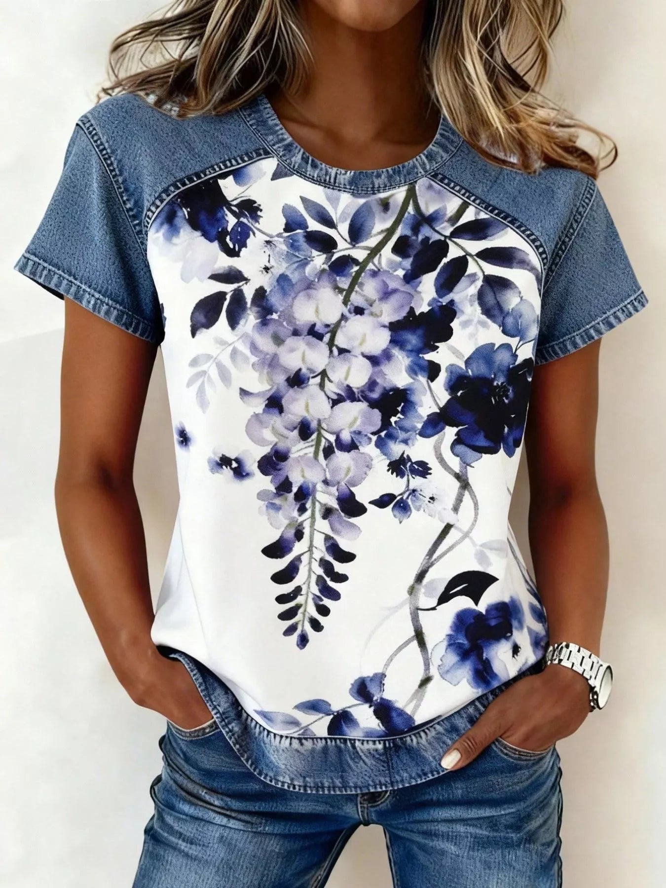 Denim Patchwork Short Sleeve Blouse