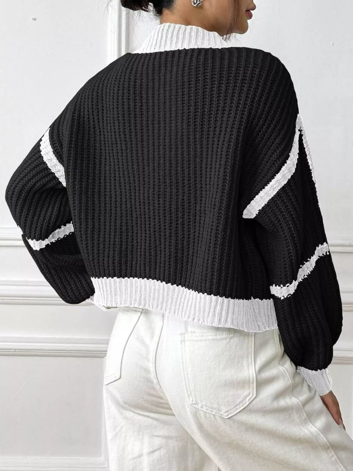 Color-Block Ribbed Knit Open-Front Cropped Cardigan
