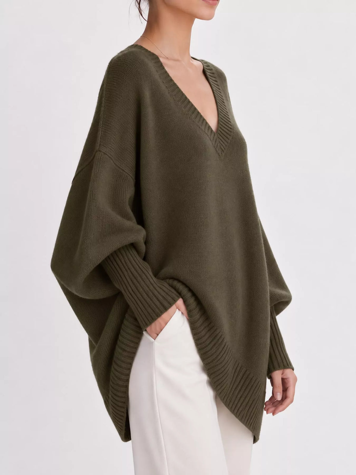 Full Size V-Neck Oversized Batwing Sleeve Sweater Plus Size