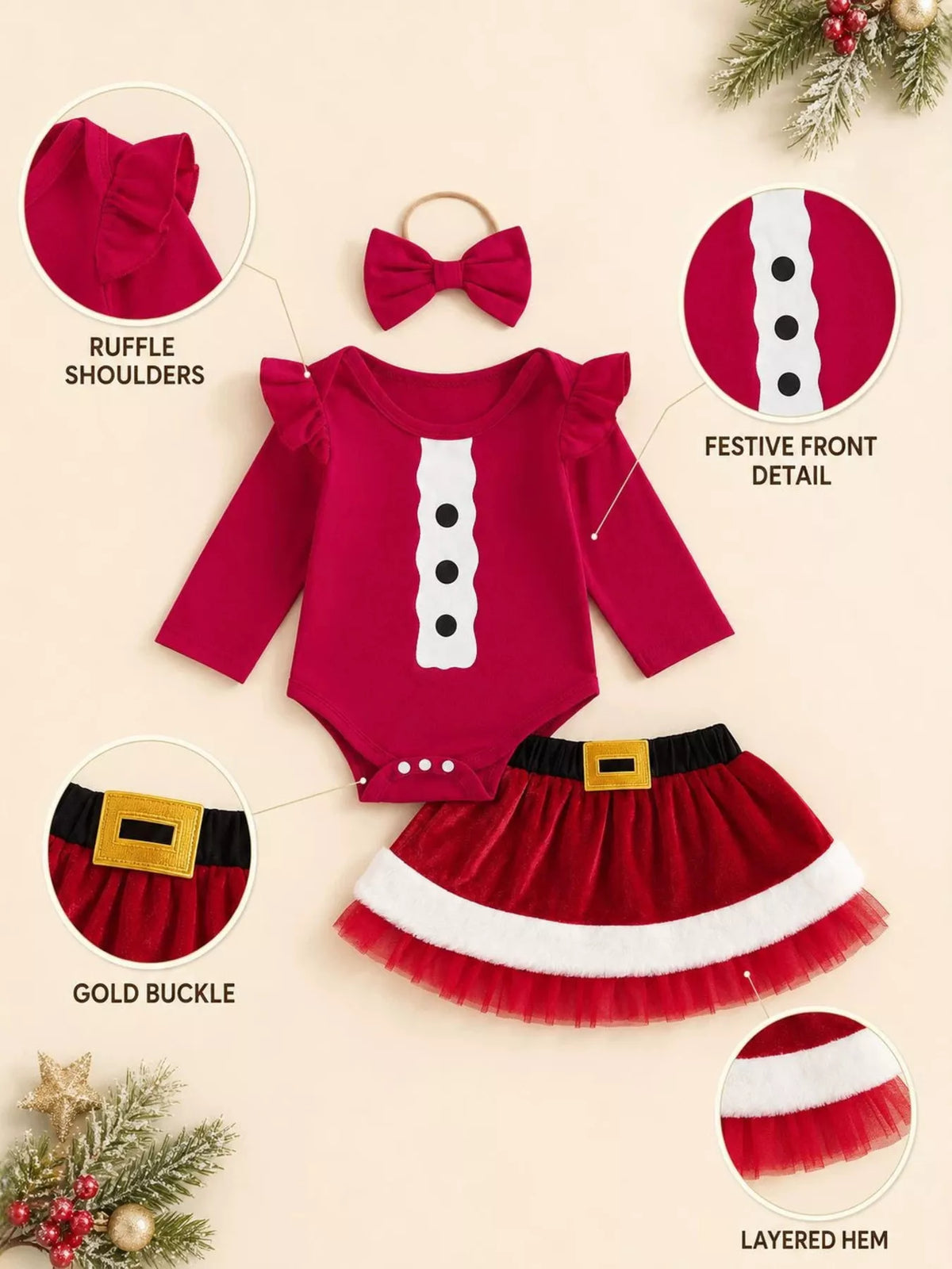Children's Christmas Long Sleeve Bodysuit and Skirt Set with Bow Headband