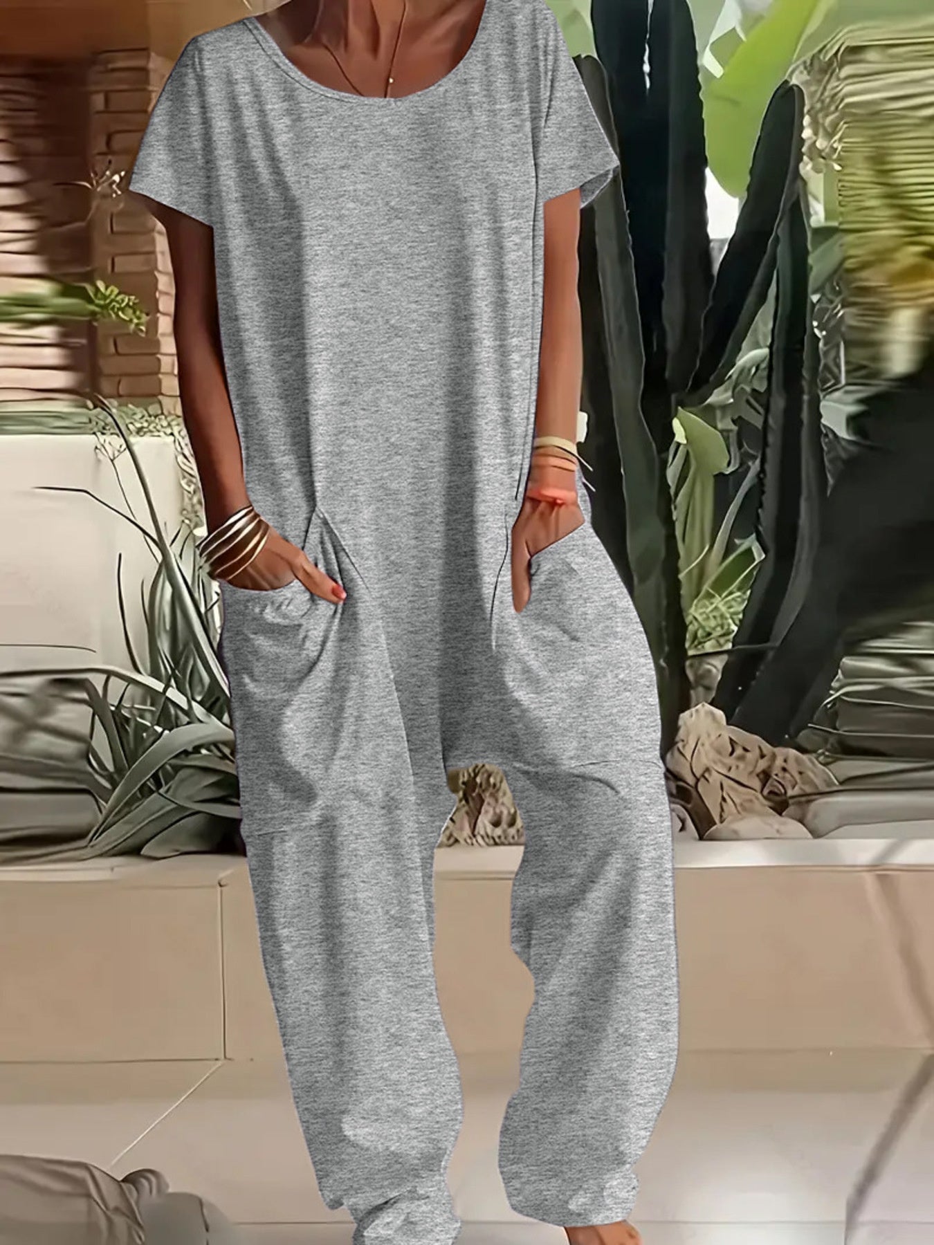 Full Size Loose Fit V-Neck Short Sleeve Wide Leg Jumpsuit Plus Size
