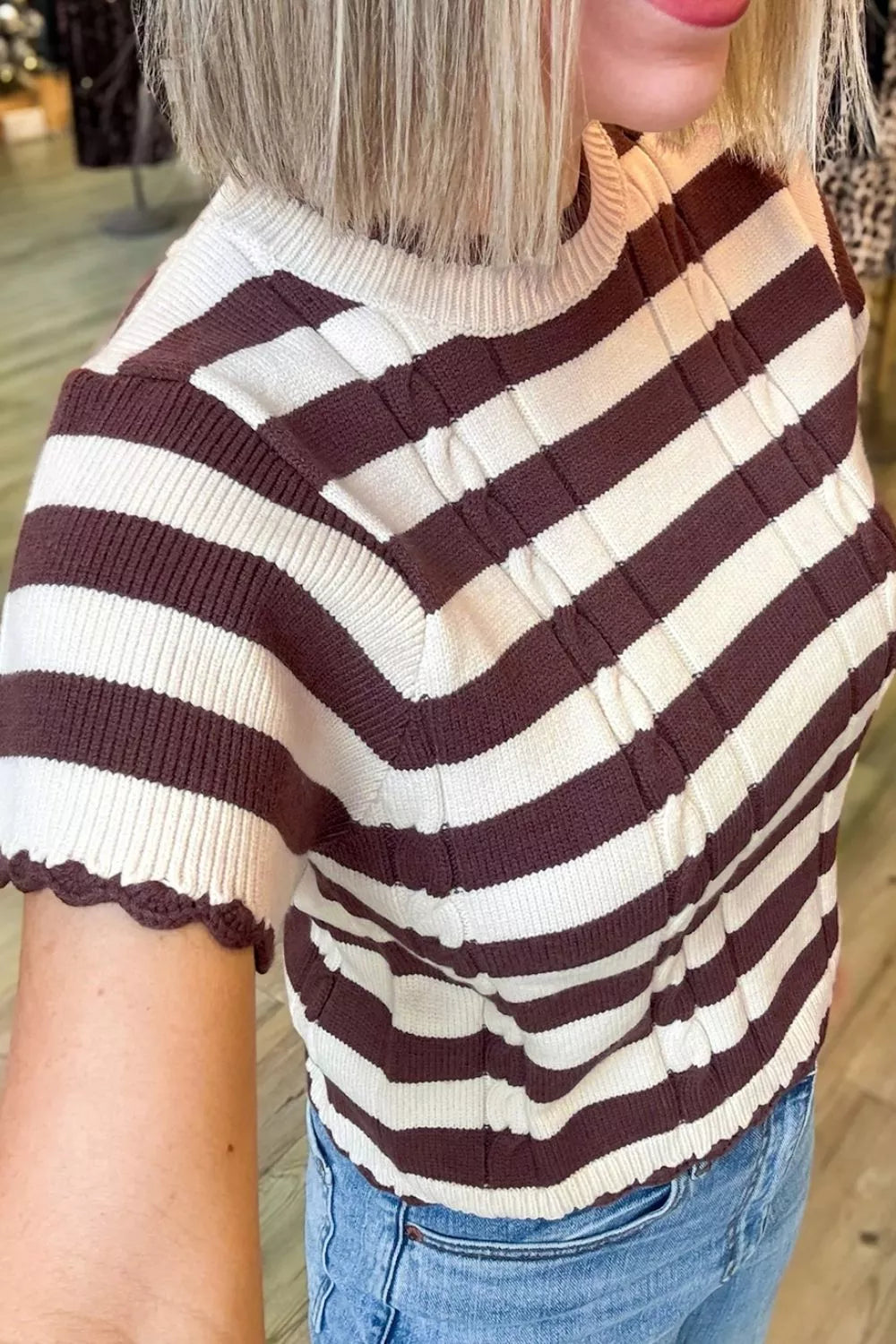Stripe Ribbed Knit Cable Detail Short Sleeve Sweater
