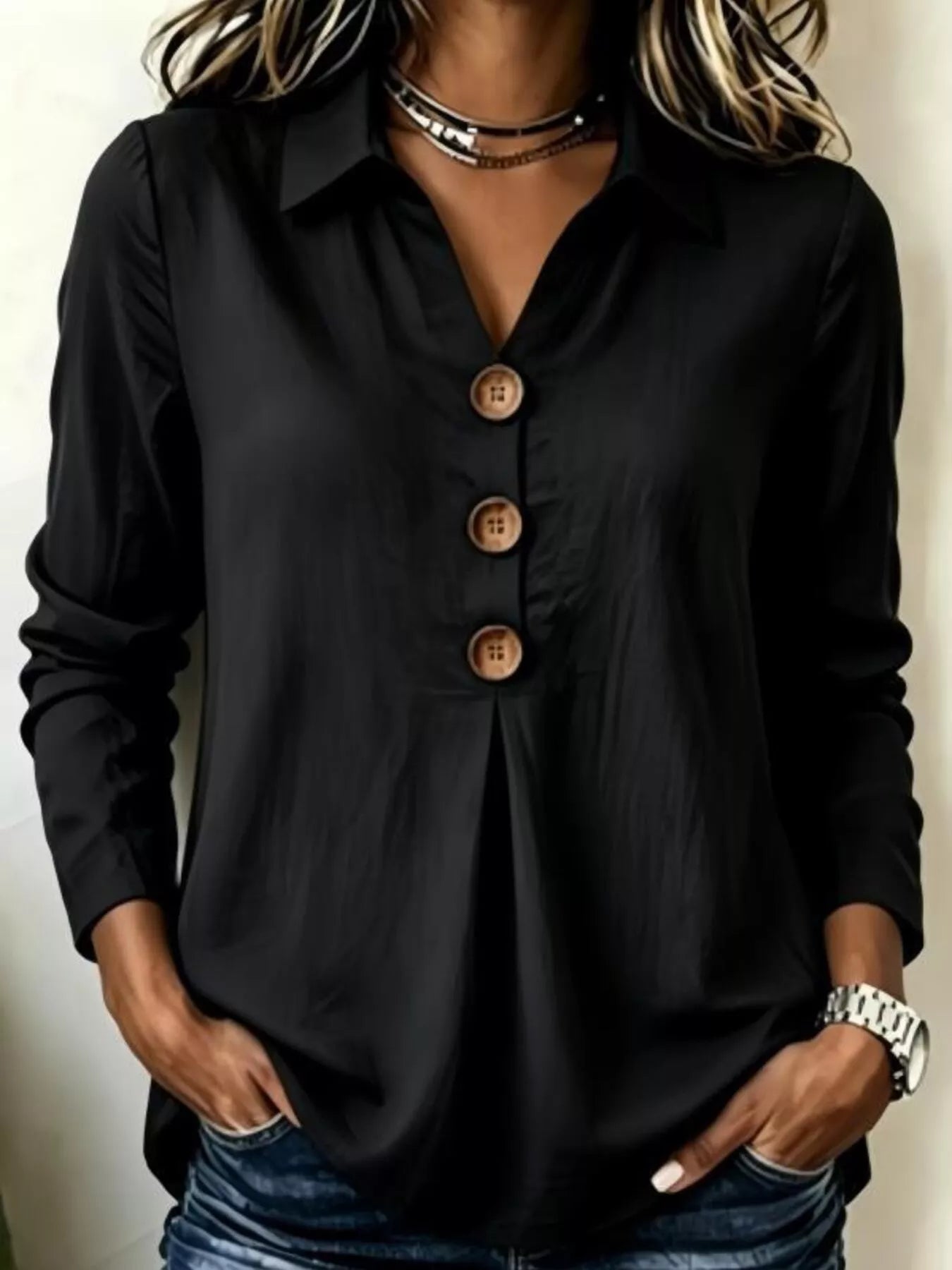 Full Size Button Detail Long Sleeve Blouse Plus Size
