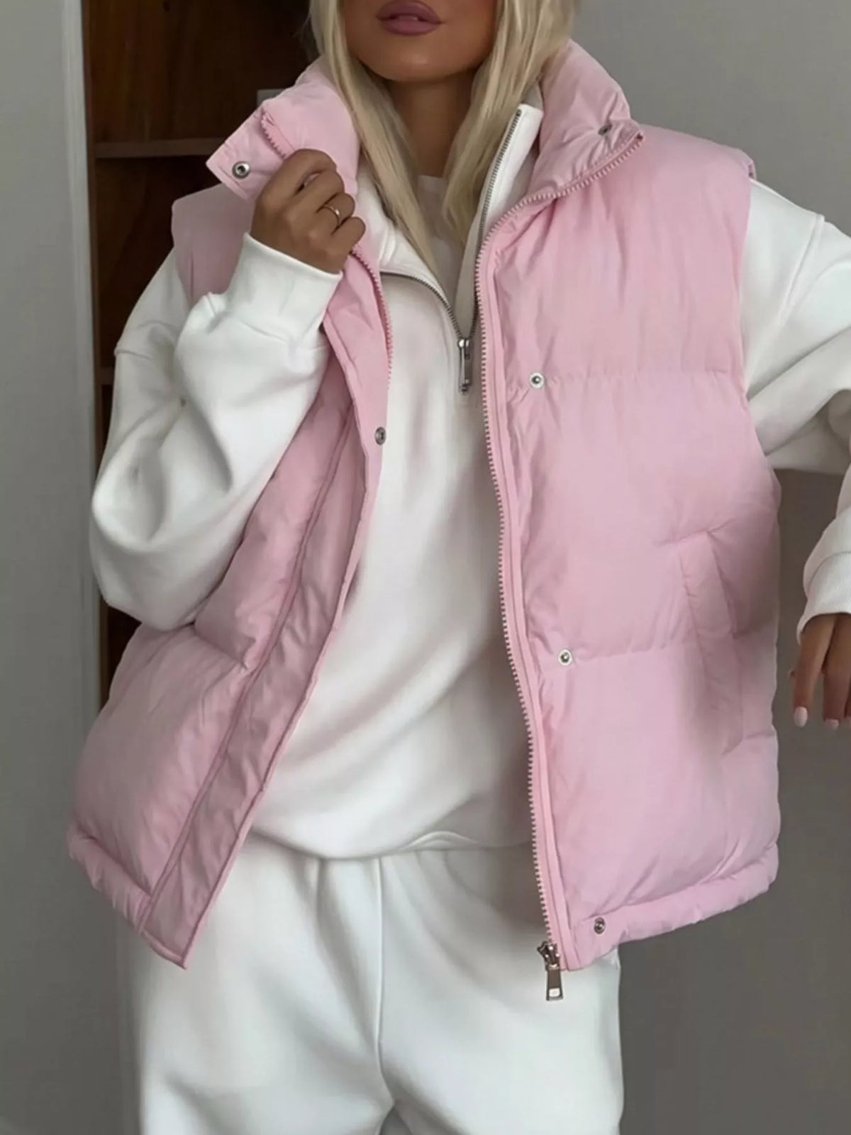 Snap-Button Placket Quilted Puffer Vest Coat