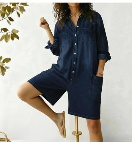 Women's Faux Denim Print Jumpsuit Shorts – Loose Fit, 3D Print, Elastic Waist