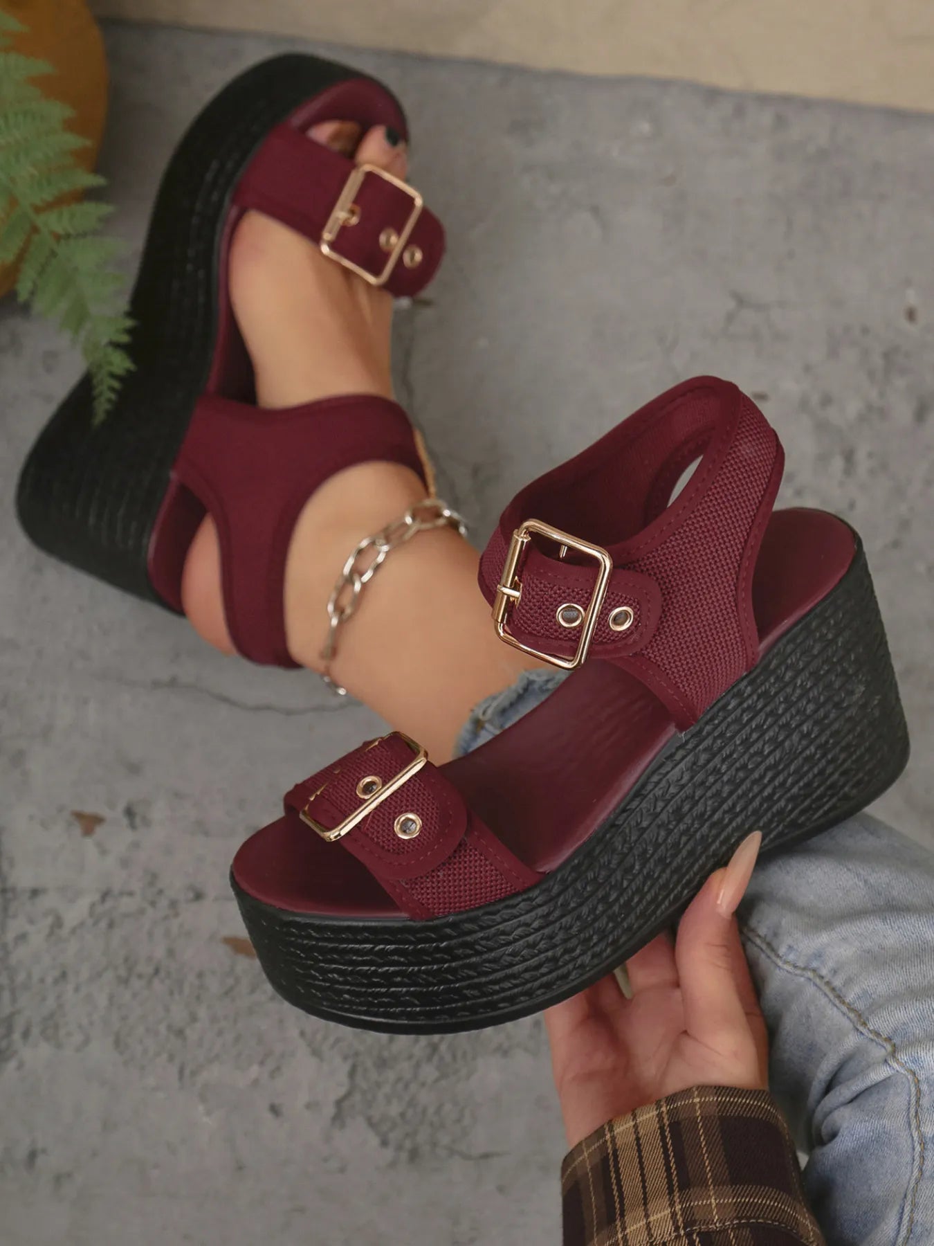 Buckled Platform Espadrille Wedge Sandals