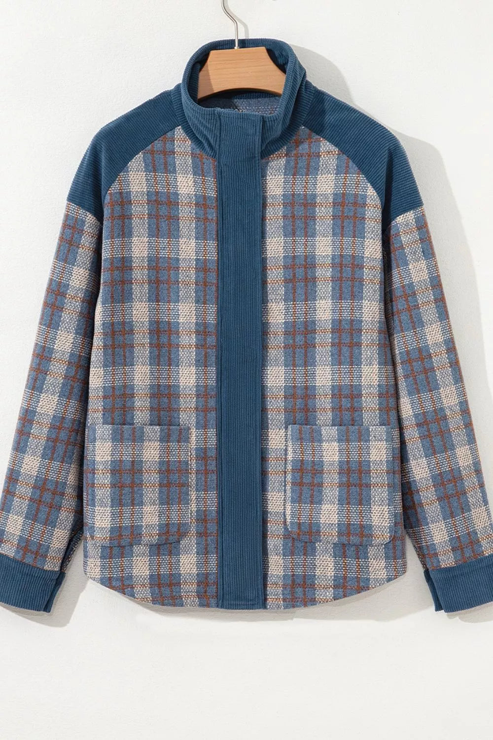 Plaid Corduroy Patchwork Collared Zip Up Snap Button Jacket