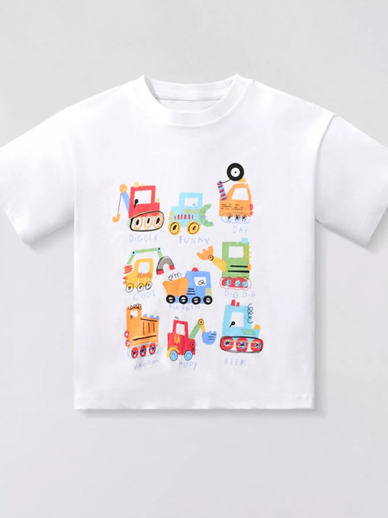 Children's Cartoon Construction Vehicle Crew Neck T-Shirt