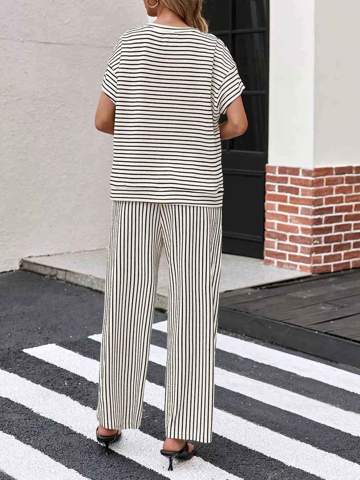 Casual Striped Short Sleeve Top and Wide Leg Pants Two-Piece Set