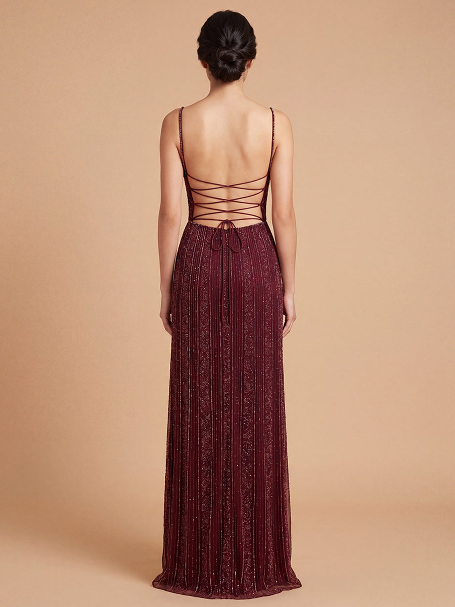 Lara 9917- Spaghetti Strap Beaded Gown