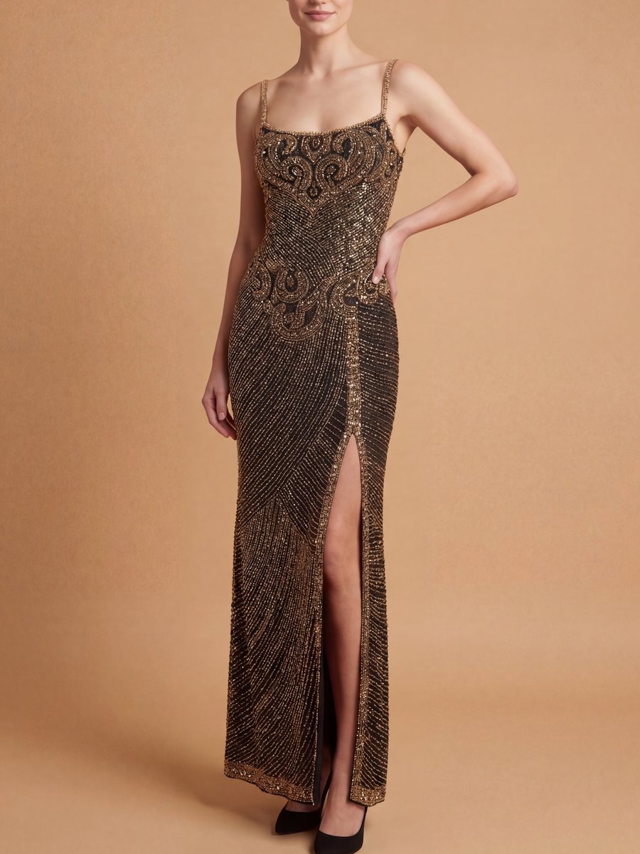 Spaghetti Strap Beaded Gown with Slit | Lara 9919