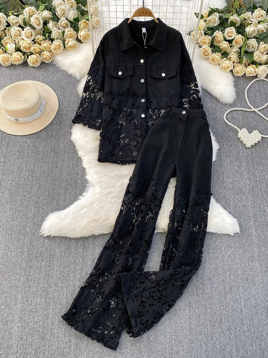 Lace Patchwork Shacket and Pants Set
