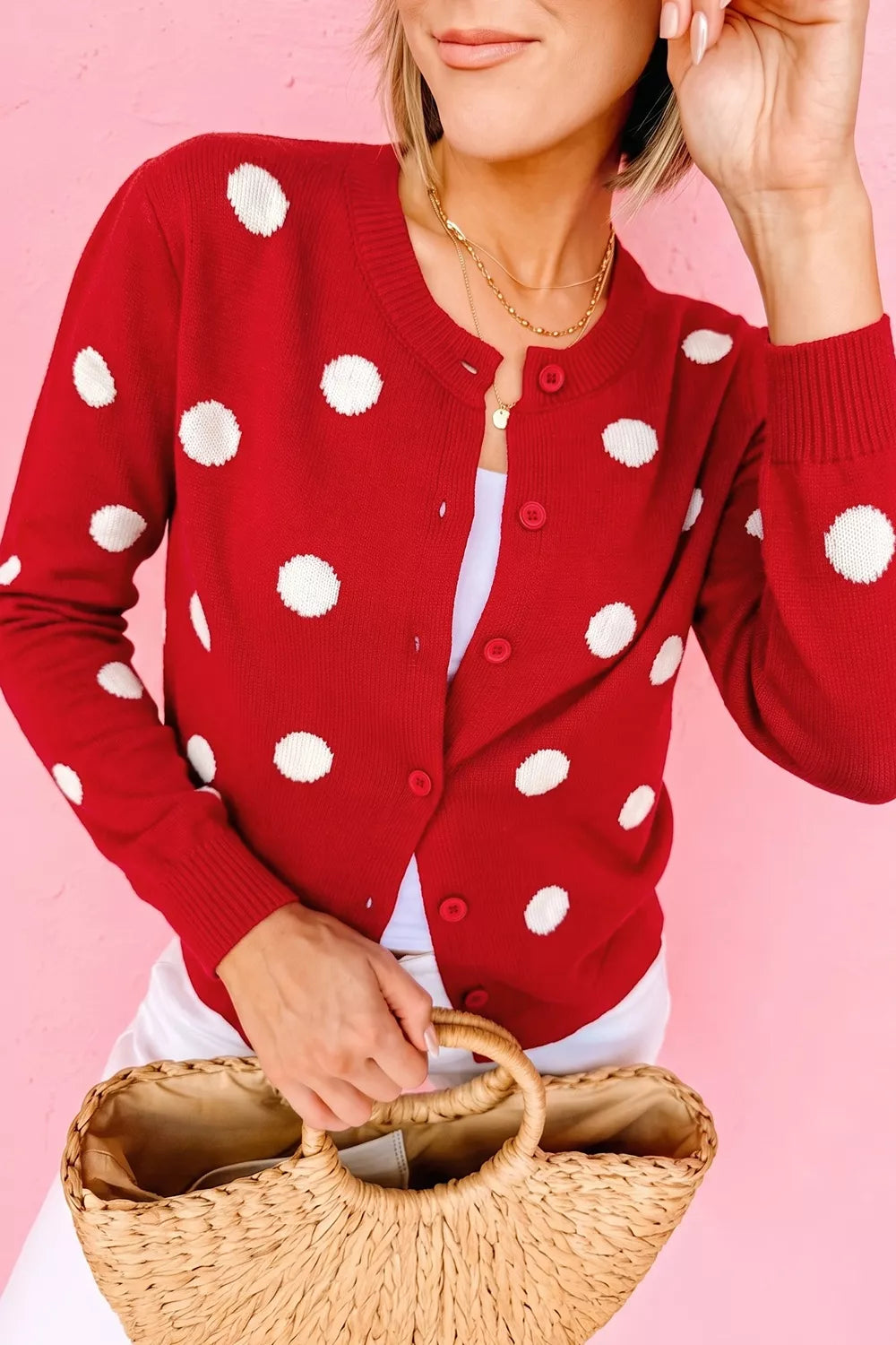 Casual Polka Dot Button Front Long Sleeve Sweater Cardigan