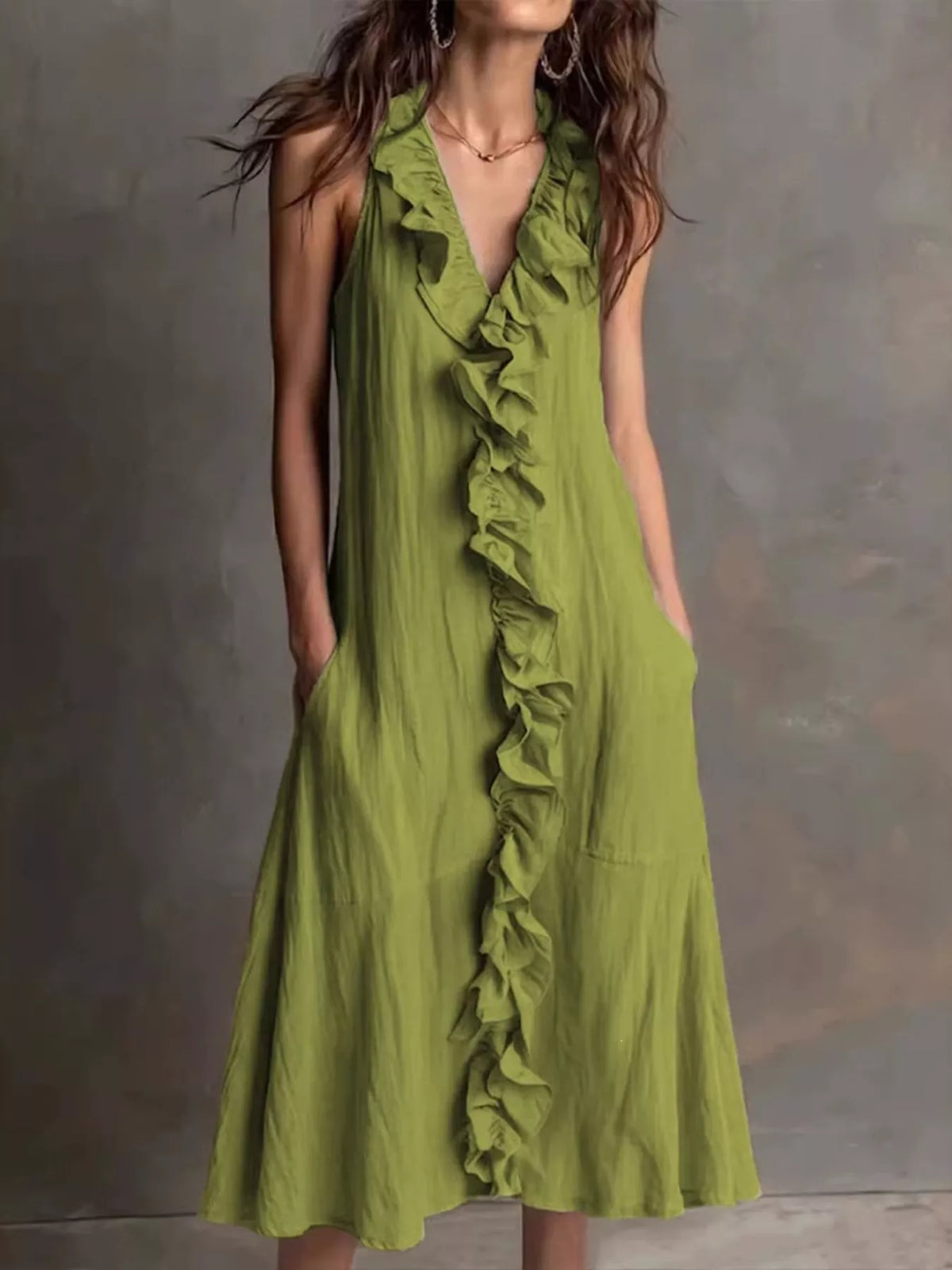 Sleeveless Ruffle Trim V-Neck Midi Dress