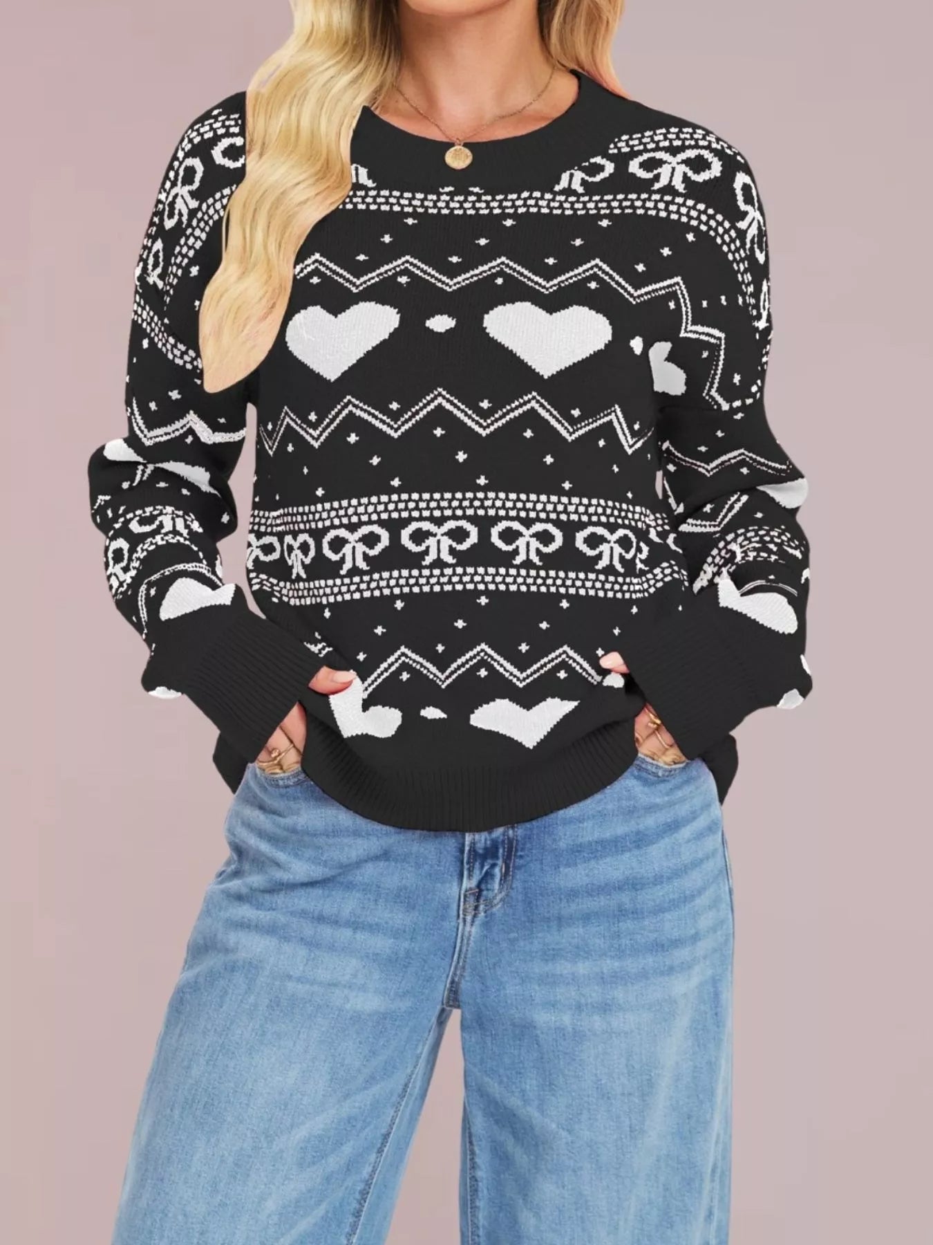 Heart Pattern Dropped Shoulder Sweater