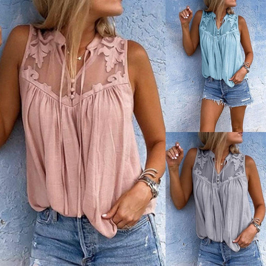 Chiffon Patchwork Lace V-Neck Sleeveless Top | Silk Chiffon