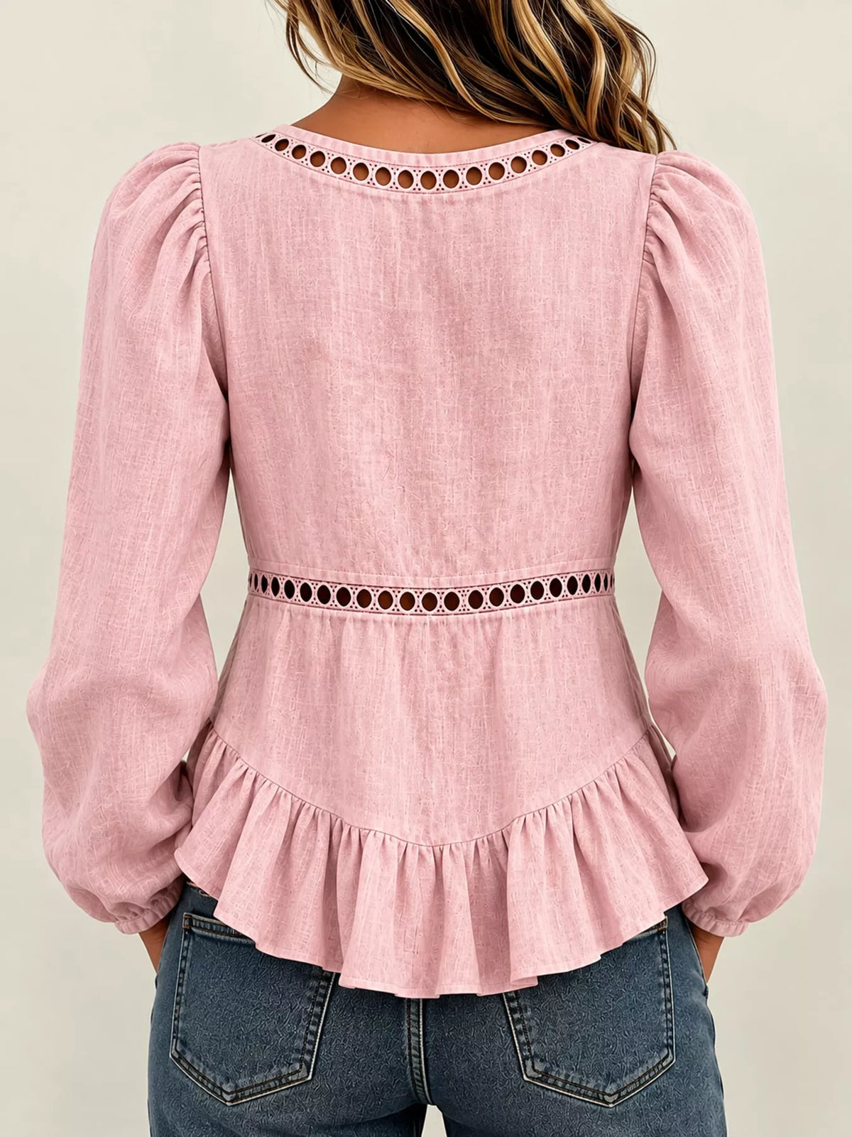Long Sleeve Blouse with Eyelet Lace Trim and Ruffled Hem