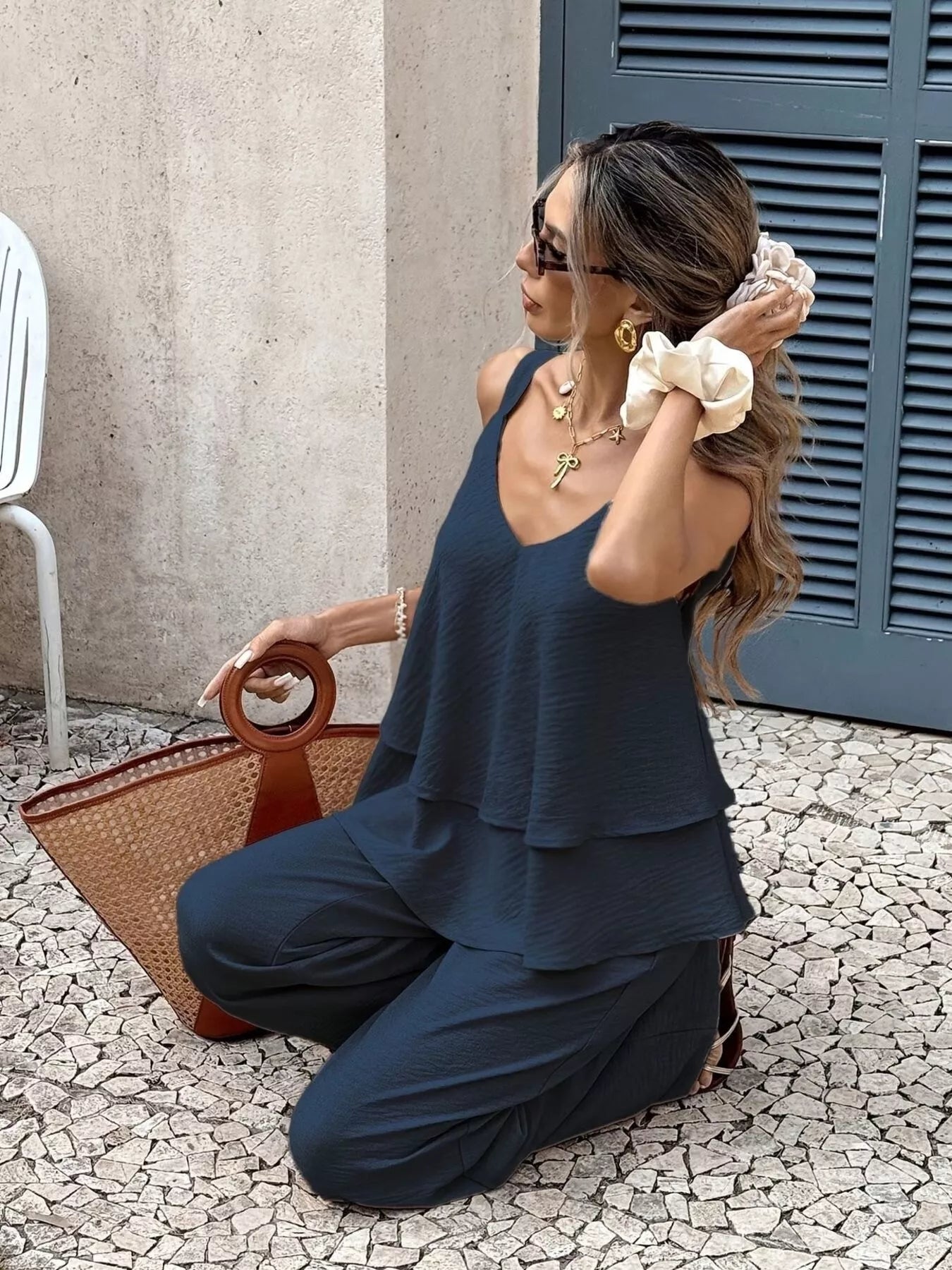 V-Neck Top and Wide-Leg Pants Set