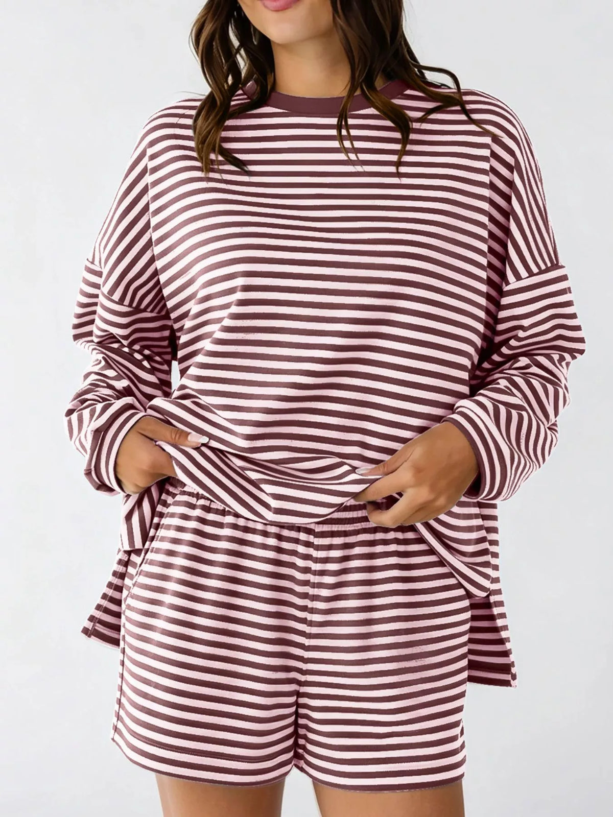 Casual Striped Long Sleeve Top and Shorts Set