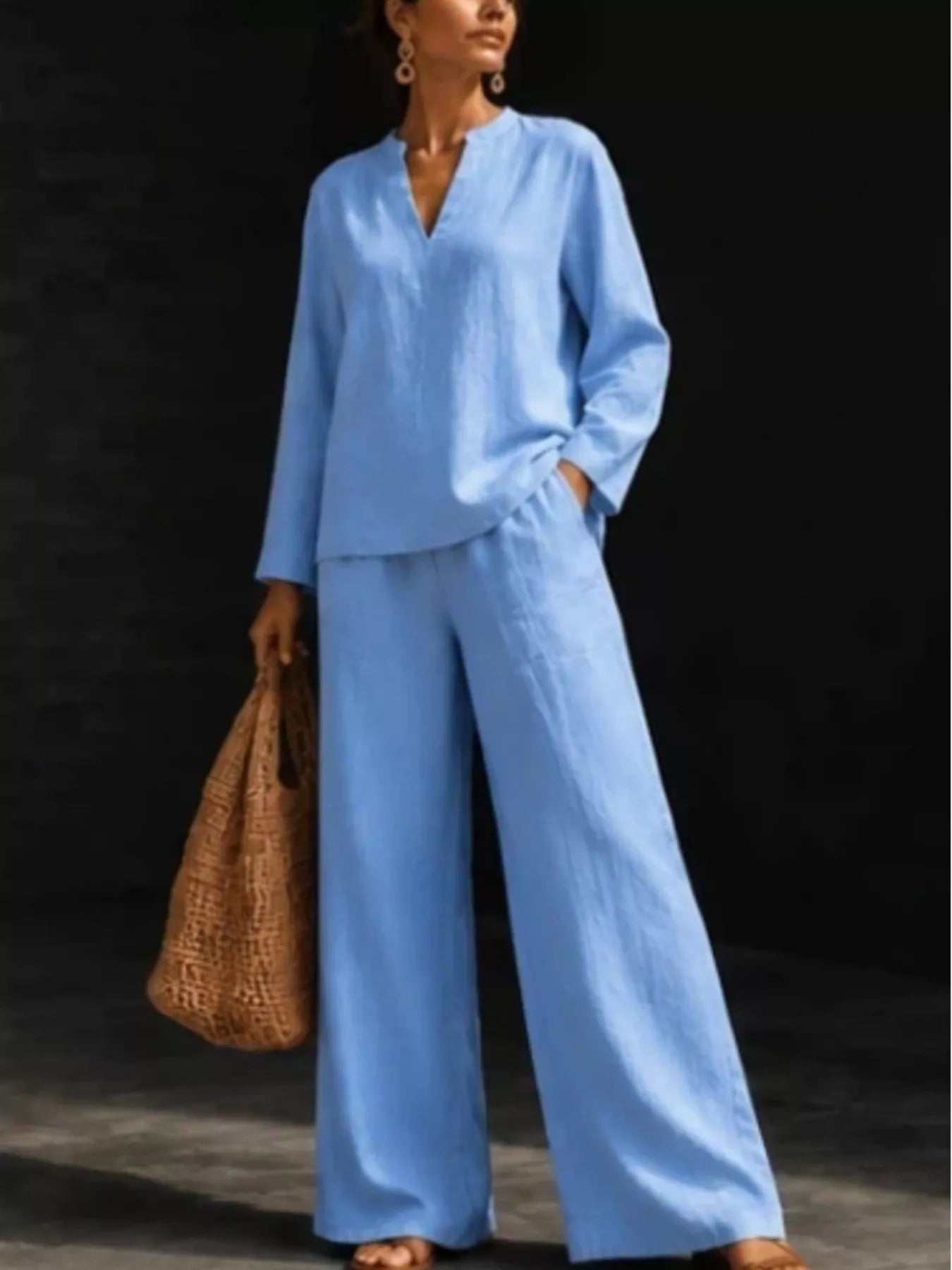 Notched Long Sleeve Top and Pants Set