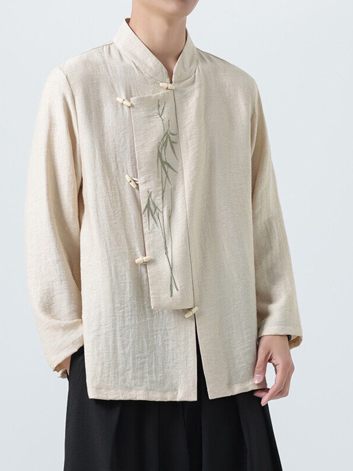 Men's Plus Size Chinese Style Embroidered Bamboo Linen Shirt