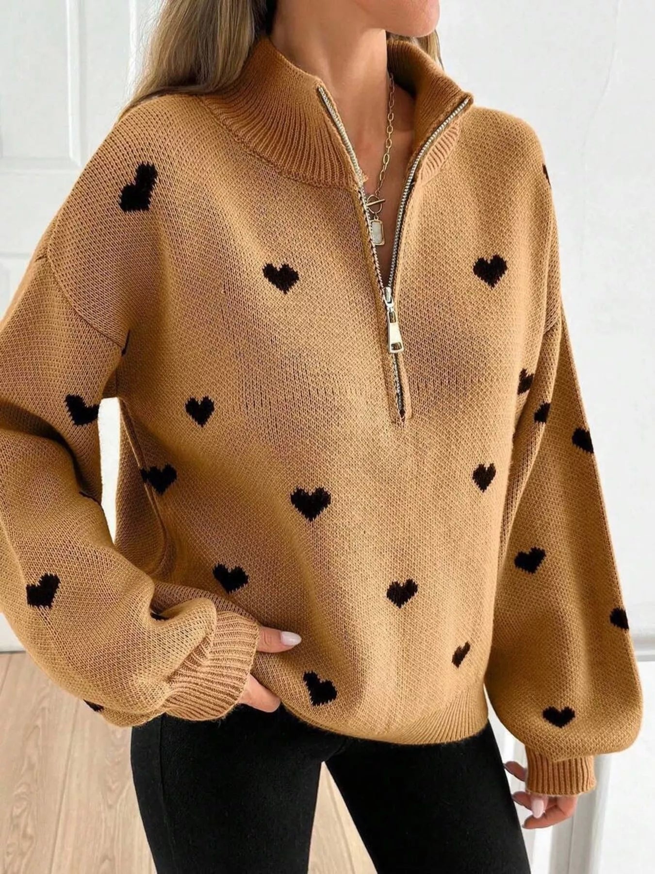 Full Size Heart Half-Zip Long Sleeve Sweater Plus Size