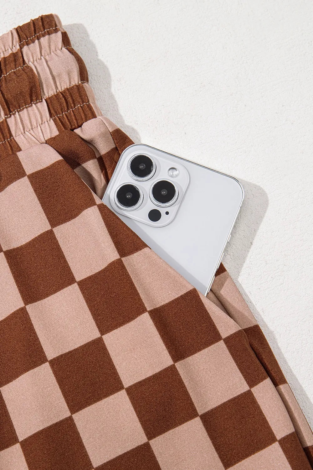 Checkered Elastic High Waist Loose Casual Pants