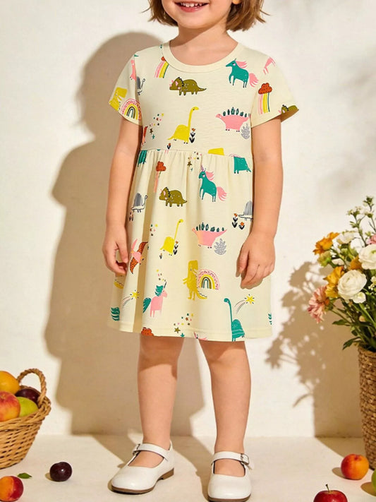 Children's Cartoon Dinosaur Print Casual Dress