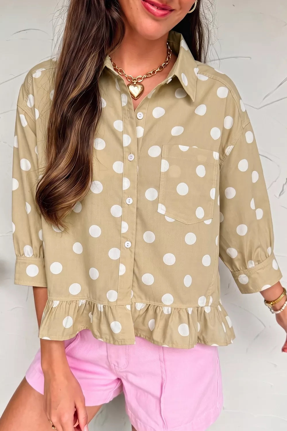 Polka Dot Print Three‑Quarter‑Sleeve Ruffle Hem Casual Shirt
